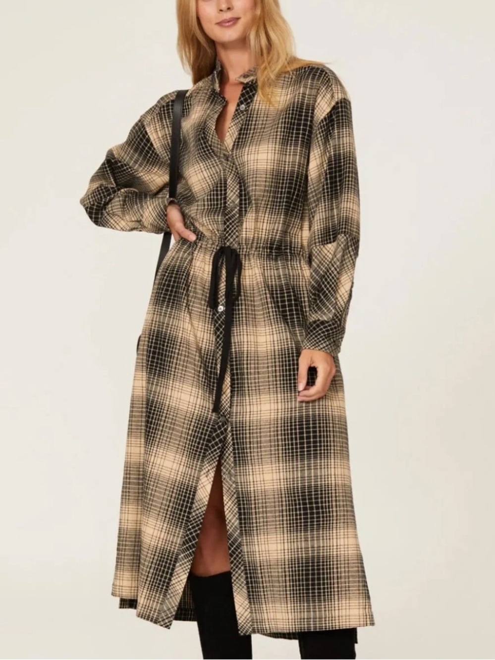 Joie Ardine Plaid Shirtdress black/Cream grid-check pattern drawstring waist